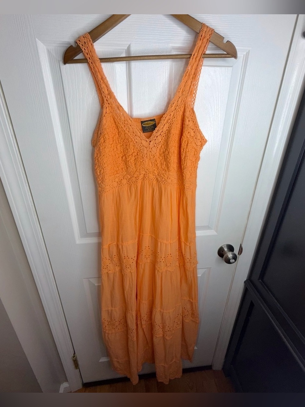 Rima Beachworld Womens S/M Maxi Dress Tiered Eyelet Crochet Orange Small - Picture 2 of 16